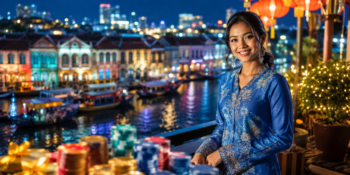 Pemain baju kurung menikmati bonus cashback permainan kasino di Pulau Pinang dalam suasana meriah